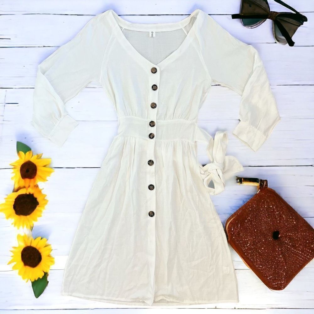 Dressbarn Women's White Long Sleeve Belted Midi Dress V-Neck Size Small